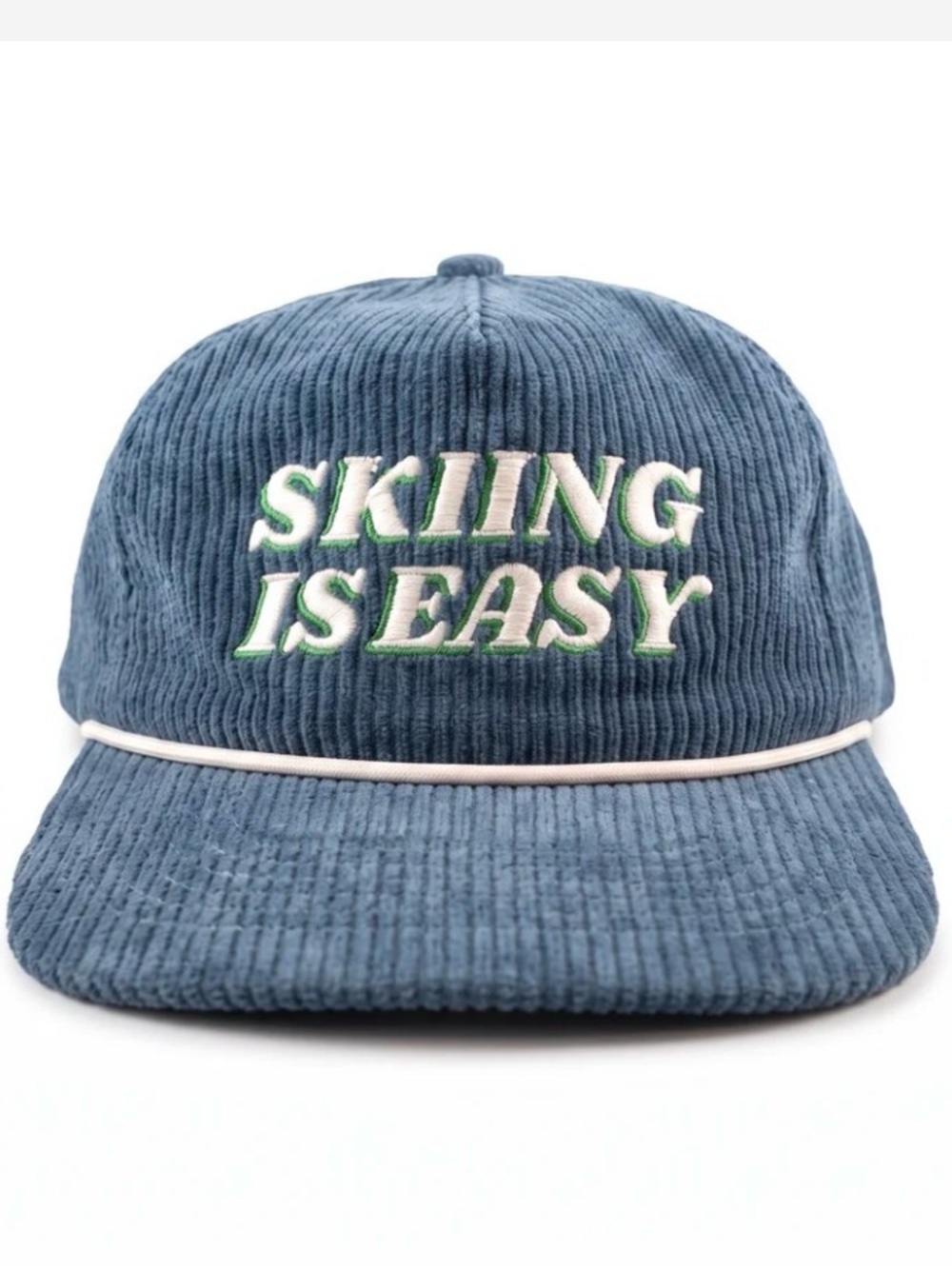 Blue Corduroy Cap with 'Skiing Is Easy' Embroidery